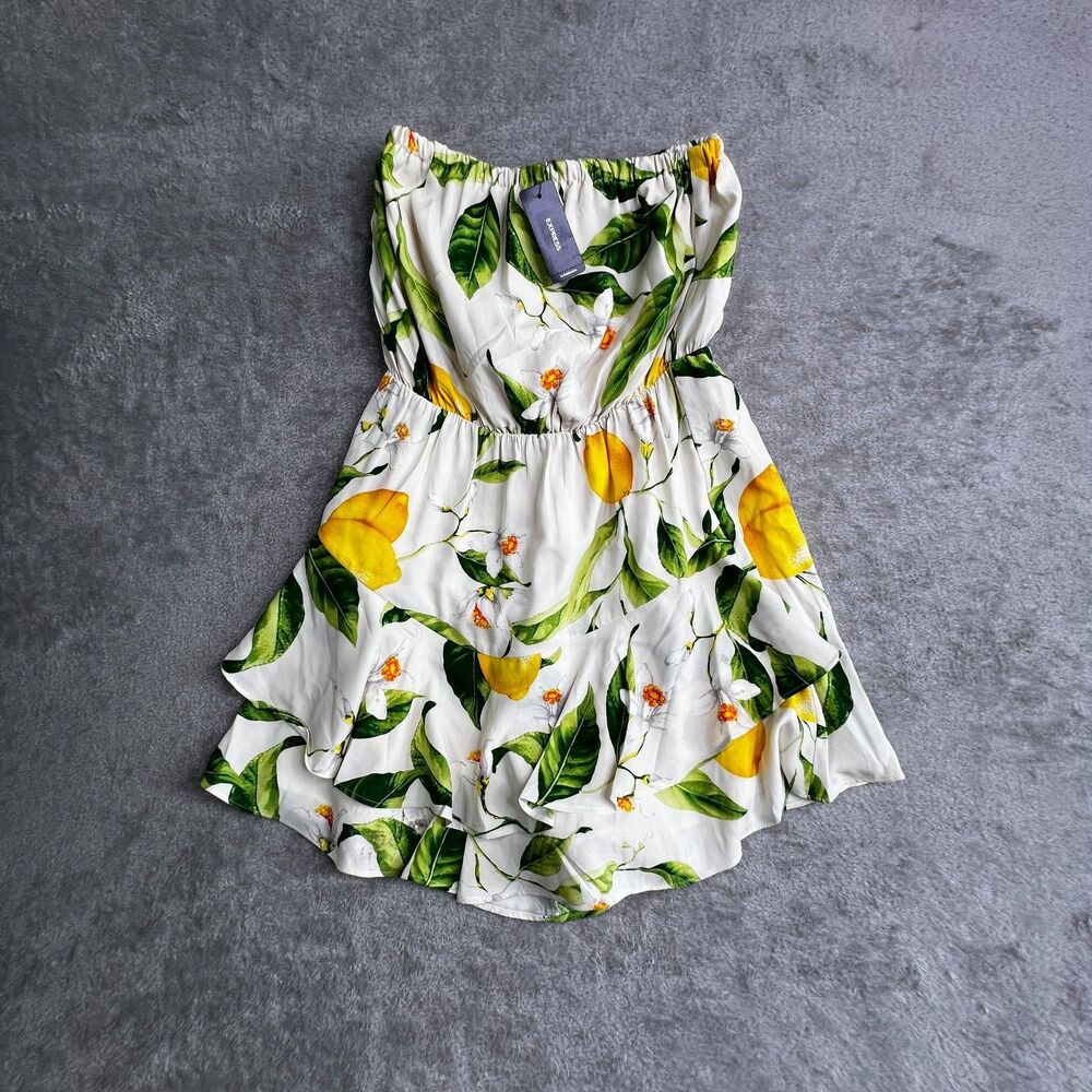 Express Romper Womens Small Multicolor Stretch Lemon Floral Strapless Tiered